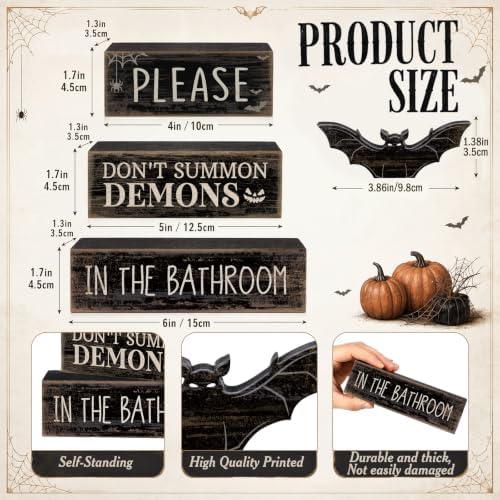Moucuny 4 Pcs Halloween Bathroom Decoration Gothic Bat Wooden Stacked Block