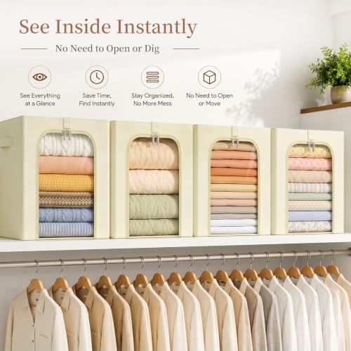 GoMaihe Blanket Storage Bins with Metal Frame for Closet, 55L 6-Pack Beige