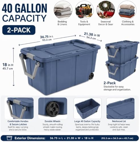 2-Pack 40 Gal Wheeled Storage Bins, Latching Lid & Pull Handle, Blue