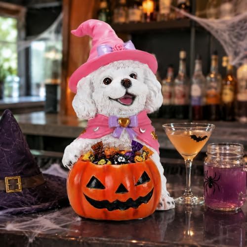Halloween White Poodle Statue with Pumpkin Candy Bowl Tabletop Decor