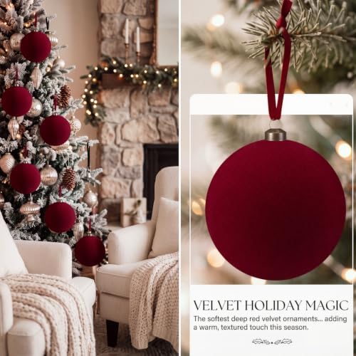 RoundFunny 8 Pcs 6 Inch Velvet Flocked Christmas Ball Ornaments, Burgundy