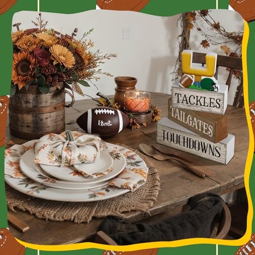 Lineshading 4 Pcs Fall Football Table Decor, Wood Block Sign Home Shelf