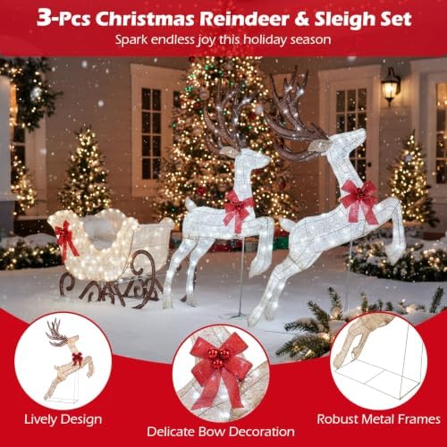 Tangkula 3-Piece Christmas Lighted Reindeer & Sleigh Set, Cold White