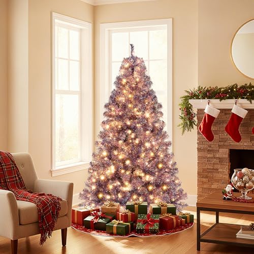 HAPPYGRILL 6 FT Pre-lit Tinsel Christmas Tree Artificial Xmas Tree with 250 LED Lights, 8 Modes, 688 Deep Purple Branch Tips, Folding Metal Stand, Seasonal Holiday Tree for Home Office Party