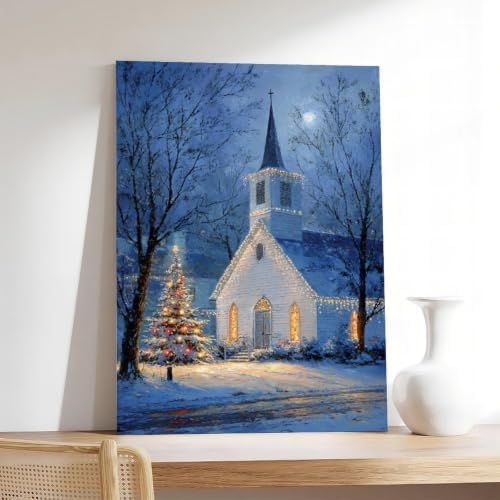 JDBeehpy Night White Church Xmas Tree Canvas Wall Art Framed 12x18inch