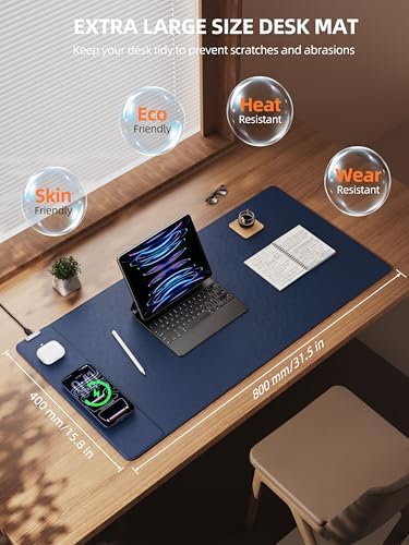 Mouse Pad with 15W Wireless Charging, XXL Large Leather Desk Mat, Blue