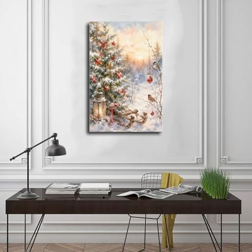 Snowy Christmas Tree Canvas Wall Art Winter Sled Birds Decor Inner Frame
