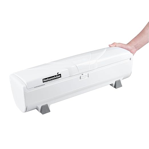 Restaurantware-Chef 101 Food Wrap Dispenser with Cutter, 1 Refillable Cling Wrap Dispenser - Fits 12” to 18” x 2000’ Rolls, Press Down and Cut, White Plastic Aluminum Foil, Sharp Blade