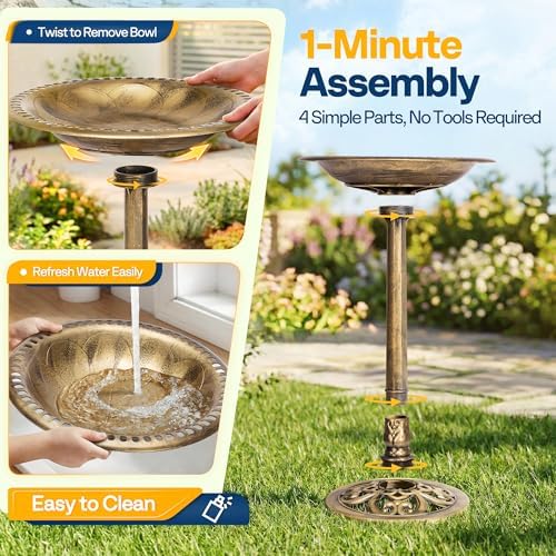 VIVOHOME Bird Bath with Solar Fountain for Outside, Pedestal, Golden