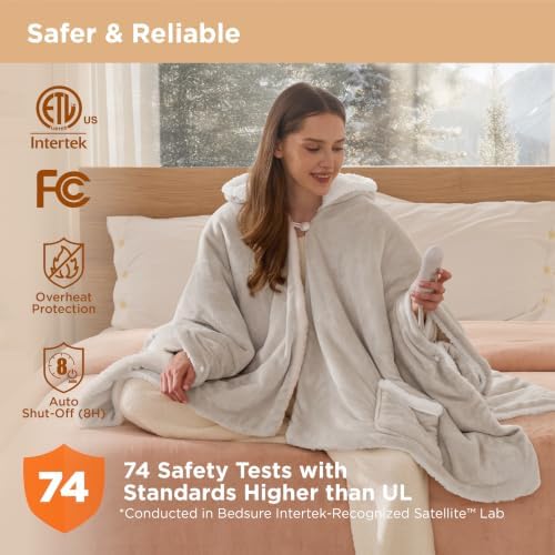 Bedsure Wearable Heated Blanket Hoodie Shawl, Gifts for Mom, 55"x64" Cream