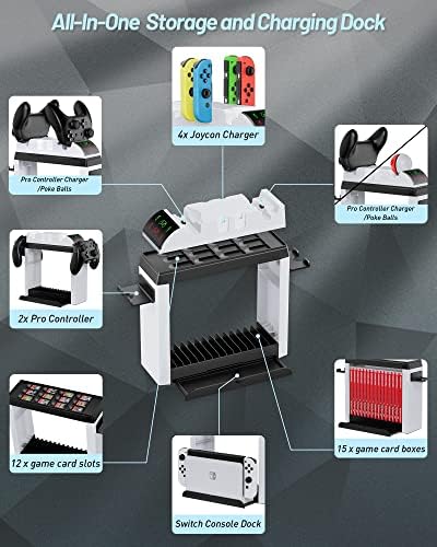 Switch Organizer with Controller Charging Station, ZAONOOL Charger Stand for Nintendo Switch/OLED Joycon and Pro Controller, Accessories Storage Tower for Console, Games and Dock