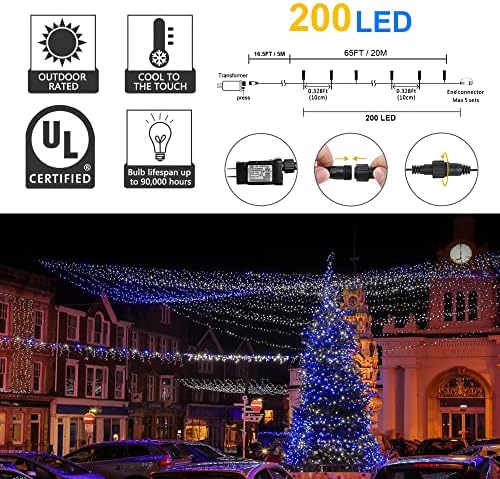 weillsnow Outdoor Christmas Decoration,66 FT 200 LED String Lights with Timer Memory Function,Plug in Waterproof Fairy Lights for Indoor Outdoor Home Room Garden Christmas Party Decor(Blue&White)