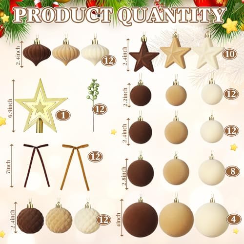 Hollowfly 95 PCS Velvet Christmas Tree Decor Set, Coffee, Brown, Beige
