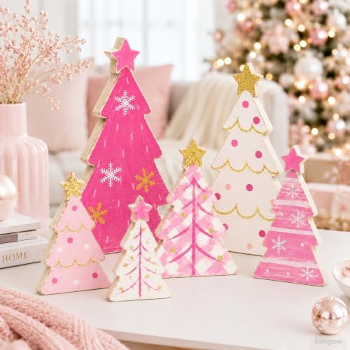 Christmas Table Decorations Pink White Wood Xmas Trees Tiered Tray Decor