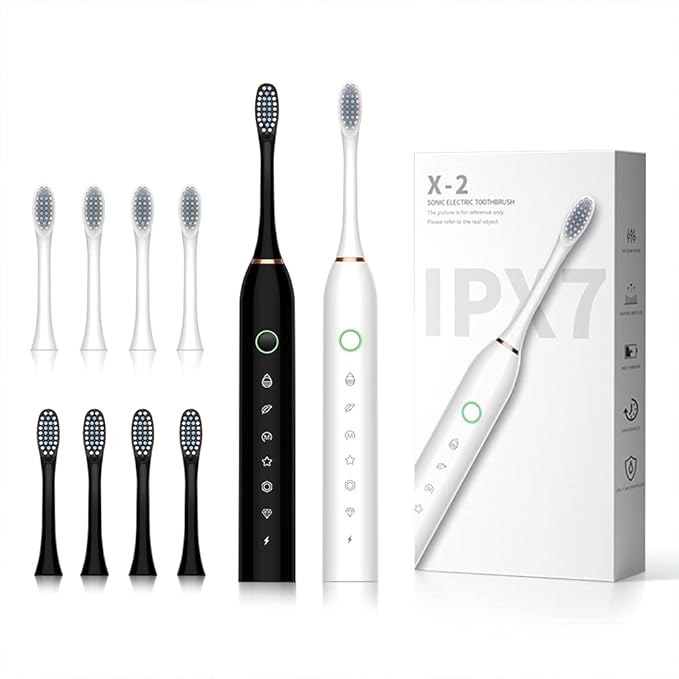 SUNPRO 2 Pack Adults Sonic Electric Toothbrush, 42000vpm, 6 Modes Rechargeable for Deep Cleaning Include 8 Heads (Black+White)