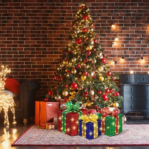 DomKom Set of 3 Christmas Lighted Gift Boxes, 160 Led Light Up Present Decorations, Metal Frame Gift Box with Lighted Bowknot for Xmas Tree Indoor Outdoor Yard Holiday Decor