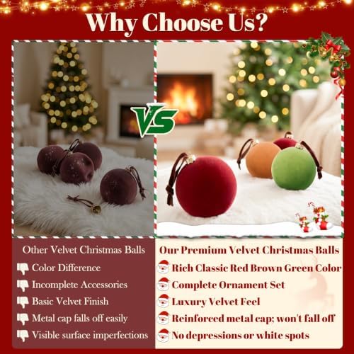 TOWPONICS 15 Pcs Velvet Christmas Tree Ornaments, 3.15 Inch Red Green Brown Velvet Ornaments for Christmas Tree, Flocked Ornaments Balls for Family Holiday Wedding Party Xmas Hanging Decoration