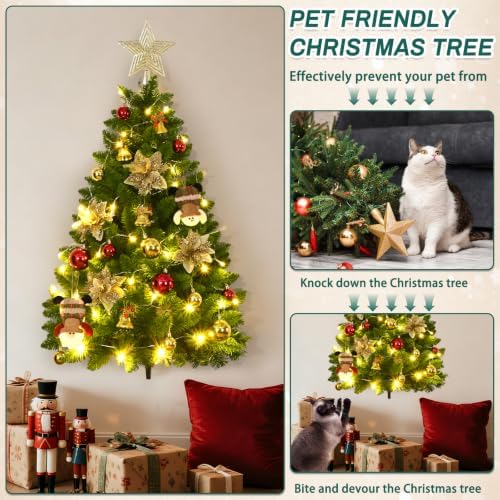3 FT Wall Christmas Tree, Dark Green Half Christmas Tree Wall Hanging, DIY 1/2 Chrismas Tree for Window with Lights, Ornaments and Hooks, Hainging Xmas Tree for Door, Pet Owners Xmas Decor