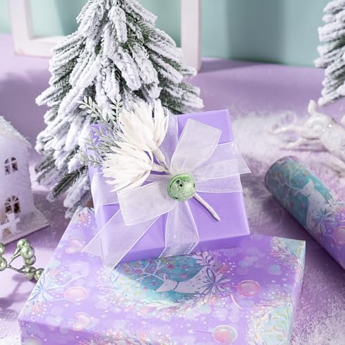 WRAPAHOLIC 30 Inch Jumbo Reversible Purple Christmas Wrapping Paper - 30 Inch x 100 Feet Jumbo Roll Purple Reindeer and Christmas Garland with with Metallic Foil Shine for Holiday, Party
