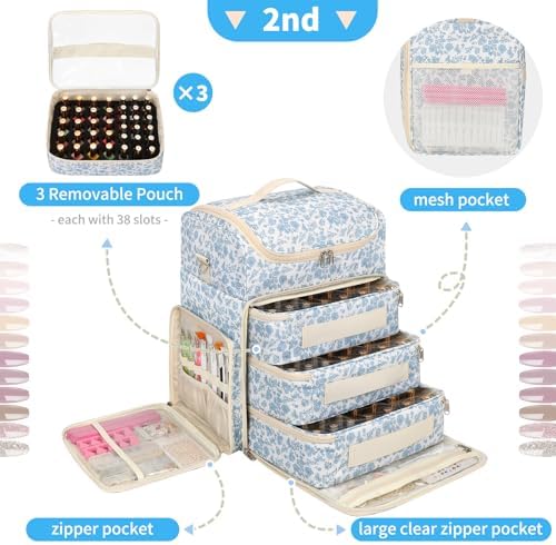 CUBETASTIC Extra Large Nail Polish Organizer Case Holds 124 to 200+ Bottles Nail Polish & Nail Lamp, Nail Supplies Storage Carrying Bag with 3 Removable Pouches