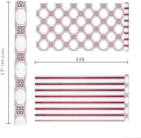 LaRibbons Reversible Minimalist Christmas Wrapping Paper, Greek Key Geometric & Striped Design - Burgundy Pink Modern Gift Wrap for Birthday, Holiday, Xmas Party Celebration, 17 Inch × 33 Feet