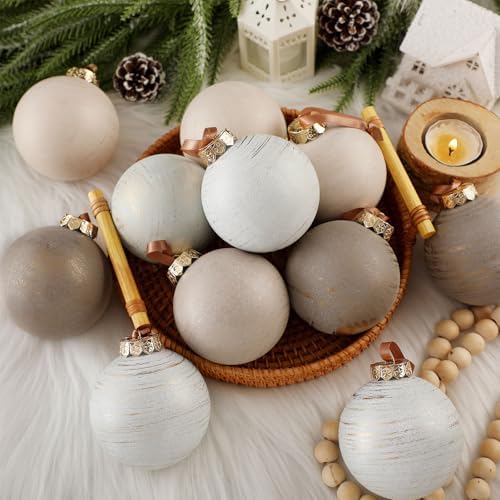 Yunlly 12 Pcs Neutral Christmas Ornament, Ivory Taupe Beige, 3.15''