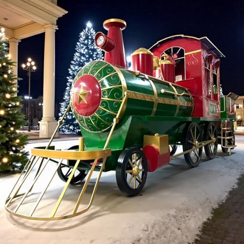Zaer Ltd. Large Metal Christmas Train Commercial Decoration (Christmas Themed Colors, 27 Feet Long - Super Extra Large)