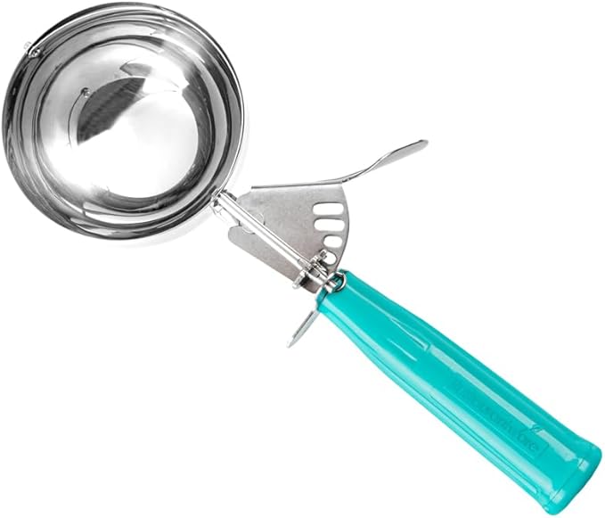 Restaurantware 6.5 Ounce Portion Scoop, 1 Trigger Release Stainless Steel Cookie Scoop - With Teal Handle, Stainless Steel Disher, For Portion Control, Cookie Dough, Cupcake Batter, Or Ice Cream