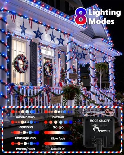 OZS 2 Pack 240 LED 4th of July Solar String Lights, Red White Blue