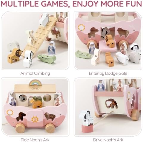 Joyreal Pink Wooden Noah's Ark Toy for 1 Year Old Baby Girl Baptism Gifts