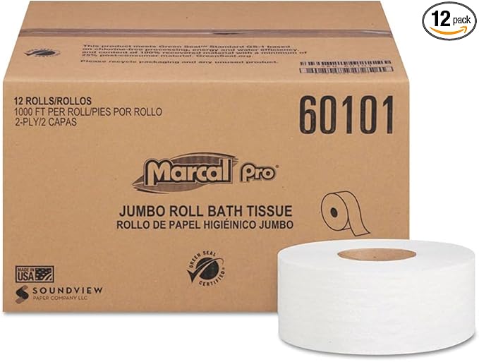 Marcal PRO 60101 2 Ply 3.3 in. x 1000 ft. Septic Safe 100% Recycled Bathroom Tissues - White (12/Carton)