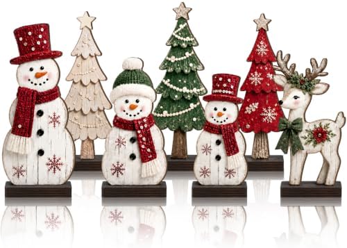 7 Pcs Christmas Table Decor Wooden Snowman Tree Deer Decor, Red,Green