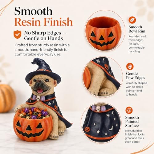 Halloween French Bulldog Candy Bowl, Witch Dog Statue Pumpkin Holder
