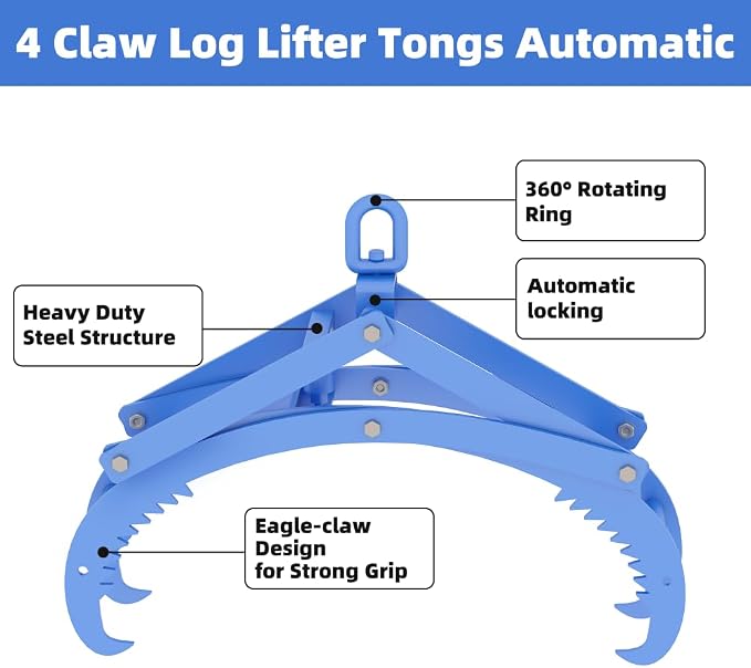 Automatic Log Tongs for Tractor - Heavy Duty 4-Claw Log Grapple with Auto-Latch & 360° Rotating Hook for ATV, Skid Steer, Forklift, Capacity 3300lbs
