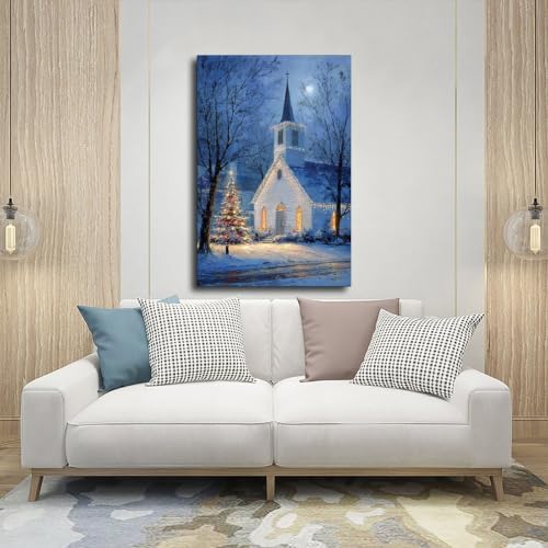 JDBeehpy Night White Church Xmas Tree Canvas Wall Art Framed 12x18inch