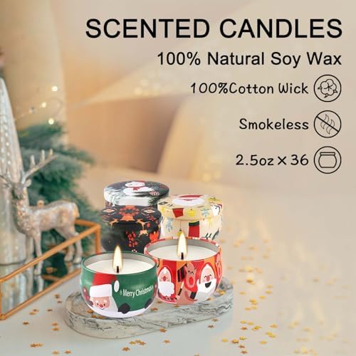 36Pack Christmasc Sets,Long Burning,2.5oz Natural Soy Wax with Essential Oils Decorative Aromatherapy Candles for Christmas，Thanksgiving Gift, Home Scented
