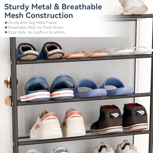 Whitmor 36 Pair Over the Door Shoe Rack,12 Tier Hanging Shoe Organizer with Metal Frame & Mesh Shelves, Heavy Duty Shoe Storage Holder for Door, 74" H x 21.7" W x 7.5" D, Matt Gunmetal