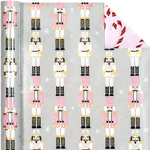 WRAPAHOLIC Reversible Nutcracker Christmas Wrapping Paper - Mini Roll - 17 Inch x 33 Feet - Nutcracker and Candy Cane Design Printed on Pearlized Paper for Chrsitmas, Holiday, Party Celebration