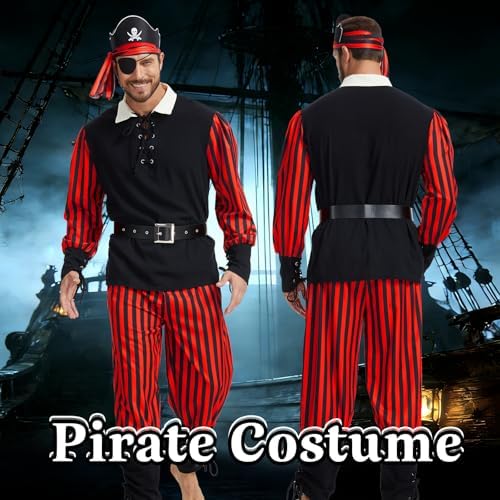 Men’s Pirate Costume Set, 8-Piece Renaissance Medieval Outfit Accessories
