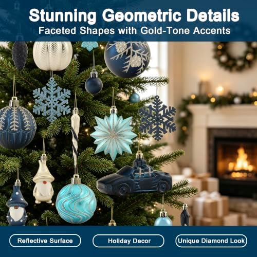 68PCS Christmas Tree Ornaments Set, Blue Navy Gold Christmas Balls and Assorted Decorations, Shatterproof Hanging Ornaments with Hooks for Xmas Tree, Holiday Party Home Decor