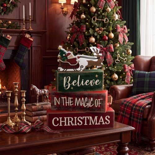 Moucuny 4 Pcs Tartan Plaid Christmas Table Decor, Santa Sleigh Wooden Signs