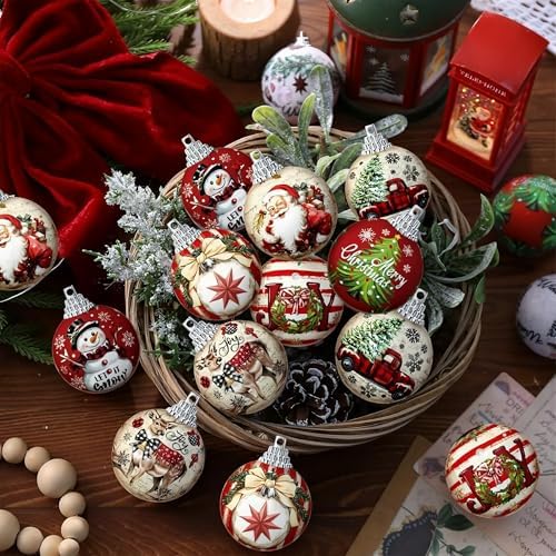 Outus 16 Pcs Christmas Ball Ornaments for Tree Merry Christmas Snow Joy Hanging Ornaments Xmas Santa Claus Snowman Balls for Tree Decoration Xmas Gifts Farmhouse Home Fireplace Decoration