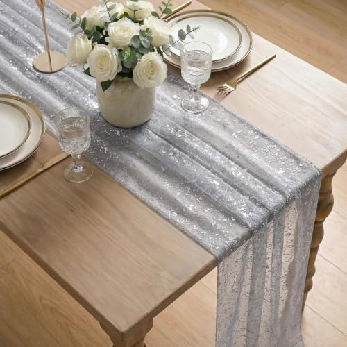 Artoid Mode 6PC Grey Gold Gauze Table Runner 120 Inch 10FT, Glitter Metallic Foil Sheer Dining Wedding Anniversary Holiday Birthday Table Decor for Home Party