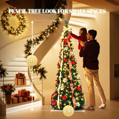 VINGLI 7ft Pre lit Pop Up Christmas Tree with Lights, Pre-Decorated Artificial Pencil Xmas Tree Collapsible Christmas Tree Holiday Party Decorations (Red&Gold)