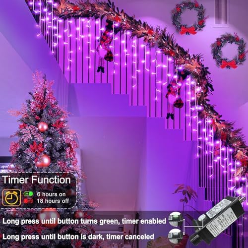 33ft Purple Christmas Lights Outdoor, 400 LED Icicle Lights for Outside Indoor Twinkle Christmas Light with Connectable Clear Wire 8 Modes Timer Waterproof for House Party Tree Holiday Yard Decoration
