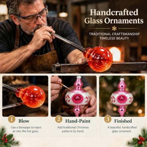 Soulchen 8 Pcs Vintage Glass Christmas Ornaments Pink Reflector for Tree