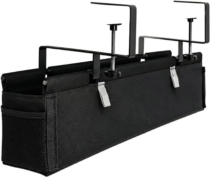 Large Under Desk Cable Management Tray, 28", Black Standing Under Cable | No Drill, Fabric Cord Organizer with Reinforced Base, Clamp Mount Wire Management, For Office/Home & Standing Desk