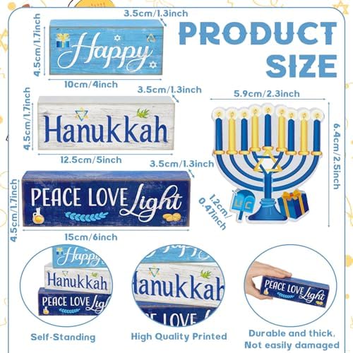 Moucuny 4 Pcs Hanukkah Table Decorations for Home, Wood Menorah Peace Sign