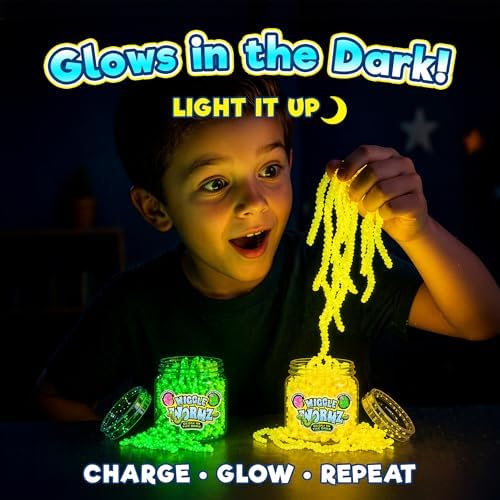 JA-RU Wiggle Wormz Glow in the Dark Squishy Sensory Worms Toy Jar 5357-2A