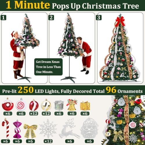 7 FT Prelit Pop Up Christmas Tree with 250 Warm White & Multicolor Lights 8 Modes & Timer Fully Decorated 103 Ornaments, Collapsible Pull Up Christmas Tree with Lights for Indoor Home Party Decor